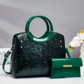 Set borsa a mano verde scuro con goffratura floreale, manici tondi e portafoglio - Verde