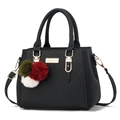 Elegant black lychee texture leather handbag with dual handles and gold metal hardware - Three-Ball Pendant/Black