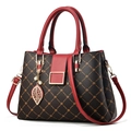 Elegant quilted tote bag with brown textured leather and red contrast handles for women - 30*13*22CM / Coffee & Red