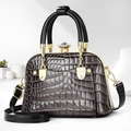Detail of glossy crocodile pattern shell bag with crystal clasp and gold hardware - Dark Gray