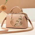 Elegant beige large capacity handbag with floral embroidery and pearl leaf pendant - 24*12*15CM / Khaki