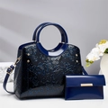 Set borsa a mano in pelle verniciata blu scuro con motivi floreali e portafoglio lungo - Blu