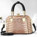 Elegant glossy brown gradient shell bag with crocodile texture and golden hardware - 25*11*17CM / Khaki