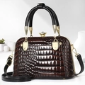 Detail of dark brown croc-effect patent handbag with crystal closure and gold hardware - 25*11*17CM / Dark Coffee
