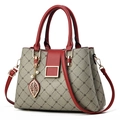 Quilted taupe tote bag with bright red handles and gold leaf pearl pendant charm - 30*13*22CM / Khaki & Red