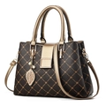 Deep brown quilted tote bag with floral print and champagne gold faux leather handles - 30*13*22CM / Coffee and Gold