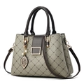 Taupe quilted tote bag with brown handles, gold hardware and pearl leaf charm accessory - 30*13*22CM / Khaki & Coffee