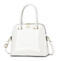 White glossy patent leather shell handbag with gold hardware and adjustable strap - White