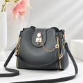 Black leather bucket bag with white contrast stitching and elegant gold chain hardware - 22*10*20CM / Cat's Eye Gray