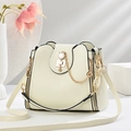 Beige bucket bag with lychee texture featuring a pearl cat buckle and gold chain - 22*10*20CM / Cat's Eye Beige