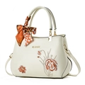 Elegant cream leather handbag with orange floral embroidery and a polka dot scarf - Off-white/Hydrangea
