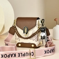 Mini bicolor crossbody phone bag with wide letter strap and cute bear charm pendant - White/Letter