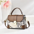 Vintage paisley print handbag with brown leather accents and gold metallic clasp - Coffee