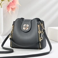 Black leather bucket bag with white contrast stitching and a gold flower metal clasp - 22*10*20CM / Four-leaf Clover Gray