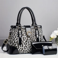 Set borsa 3 pezzi leopardato bianco e nero con ecopelle verniciata e dettagli dorati - Nero