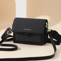 Black woven flap crossbody bag with wide shoulder strap and gold hardware accents - Black