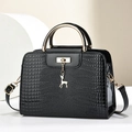 Black crocodile embossed handbag with gold metal handles and deer charm accessory - 26*11*18CM / Black