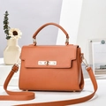 Brown lychee grain leather handbag with gold metal lock and adjustable shoulder strap - 24*11*17CM / Earthy Yellow
