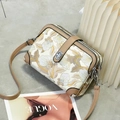 Three-layer crossbody bag with floral embroidery and adjustable leather strap - Khaki