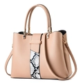 Elegant khaki faux leather tote bag with stylish snakeskin pattern stripe and gold hardware - Khaki