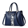 Navy blue lychee leather handbag for women featuring a stylish snakeskin print panel - Dark Blue