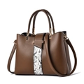 Brown lychee leather tote bag with snakeskin patchwork detail and adjustable shoulder strap - Dark Brown