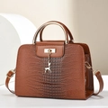 Brown crocodile embossed leather handbag with gold handle and deer charm detail - 26*11*18CM / Khaki/Earth Yellow