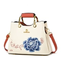 Elegant off-white leather handbag with blue peony embroidery and orange-red handle - 25CM*20CM*12CM / White