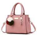 Pink lychee texture handbag with triple-color fur pompom and adjustable shoulder strap - Three-Ball Pendant/Pink