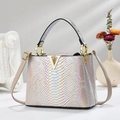 Iridescent snakeskin pattern handbag with gold V-hardware and versatile shoulder strap - Khaki