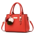 Red pebbled leather handbag with gold metal logo and multi-color pompom charm - Three-Ball Pendant/Red