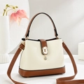 Bolso tipo cubo bicolor elegante con cierre de oso dorado y correa ajustable mujer - Blanco Roto