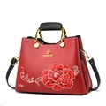 Red luxury handbag with embroidered peony flowers and adjustable shoulder strap - 25CM*20CM*12CM / Burgundy
