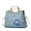 Light blue faux leather handbag featuring elegant dark blue peony floral embroidery - 25CM*20CM*12CM / Light Blue