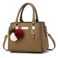 Dark brown litchi pattern handbag with gold hardware and colorful pompom charm - Three-Ball Pendant/Khaki