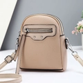 Mini sac bandoulière beige en cuir grainé avec double zip et clous argentés - Vertical / Khaki