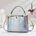 Gradient snakeskin texture handbag with golden V-clasp and elegant top handle - Gray