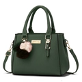 Dark green pebbled leather handbag for women with gold hardware and multi-color pom pom charm - Three-Ball Pendant/Dark Green