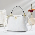 Elegant white faux snakeskin handbag with gold V-shaped logo and detachable strap - Off White