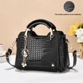 Black crocodile embossed leather tote bag with metal handle and cute rabbit charm - L23 W10 H18 / Black