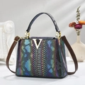 Iridescent crocodile pattern tote bag with gold V clasp and brown leather straps - Coffee