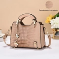 Pink crocodile-embossed handbag for women featuring gold circular handles and a pearl charm - L23 W10 H18 / Khaki