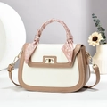 Schicke Umhängetasche in Creme und Hellbraun mit Seidenschal-Griff und Goldverschluss - L21 B7 H15 / Khaki und Weiß