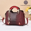 Elegant wine red crocodile pattern handbag for women with rabbit metal pendant and strap - L23 W10 H18 / Red