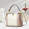 Beige and brown gradient faux crocodile leather bucket bag with golden V-buckle and strap - Gradient White