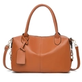 Brown faux leather Boston handbag with dual top handles and adjustable shoulder strap - Khaki/Earth Yellow