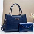 Dark blue crocodile pattern leather handbag set with gold hardware and top handles - Blue