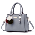 Grayish blue litchi pattern women handbag with plush charm and gold hardware - Three-Ball Pendant/Light Gray