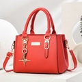 Red lychee pattern leather tote bag with gold star charm and adjustable strap - Star Style/Bright Red