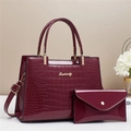 Burgundy faux crocodile leather handbag and wallet set with metallic Danbaoly logo - Burgundy